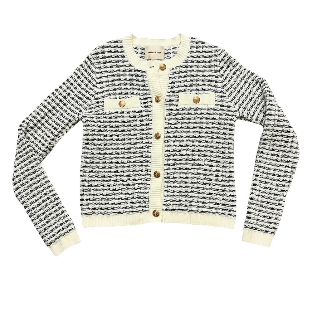 Industry Heavy Black & White Square Knit Gold Button Front Sweater Jacket M - Picture 3 of 13